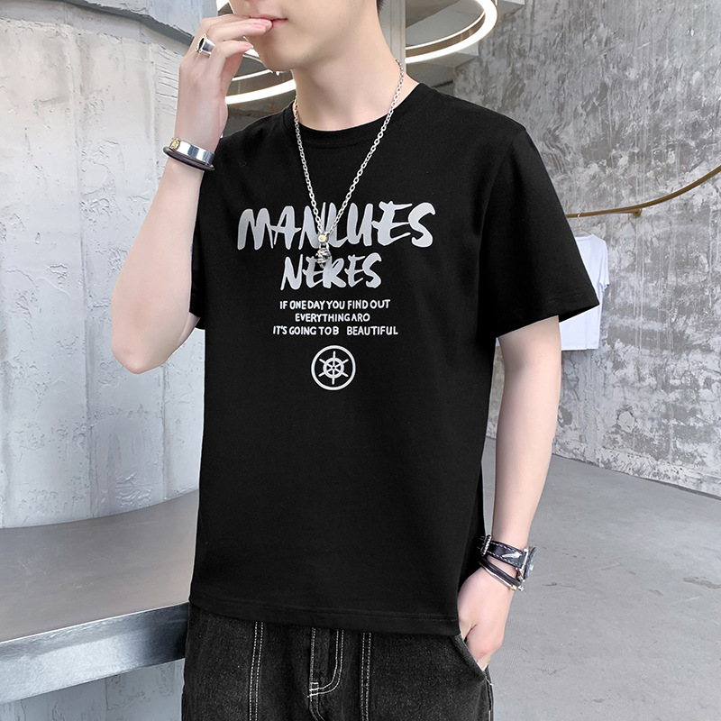夏季短袖T恤男士ins潮牌时尚百搭圆领打底衫纯棉印花上衣