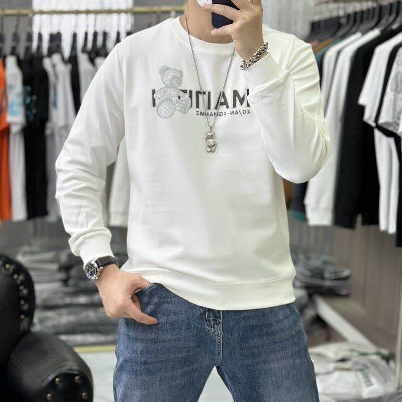 修身卫衣男士圆领套头长袖体恤打底衫T恤上衣服烫钻小熊秋冬时尚图片