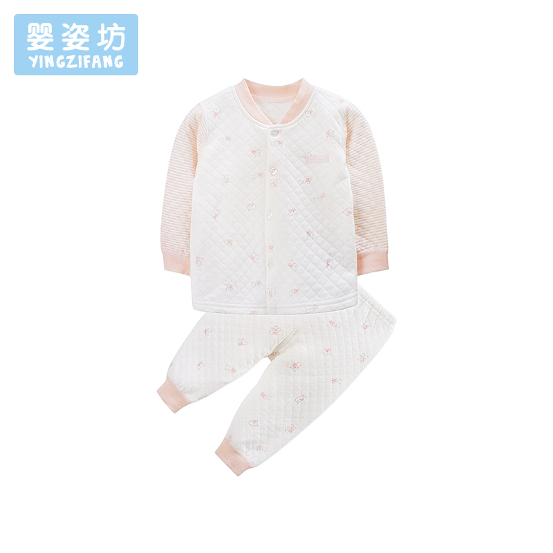 婴姿坊秋季男童女童卡通印花双层条纹拼接前开扣开襟衫两件套