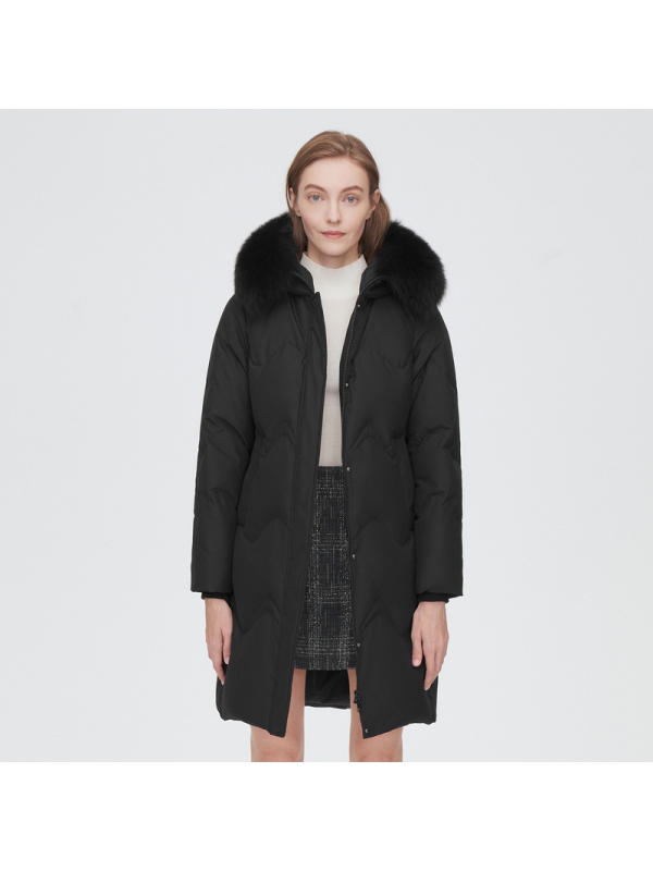 波司登羽绒服女新款狐狸毛领修身收腰提花格纹防风保暖外套 黑色8056 190/112B