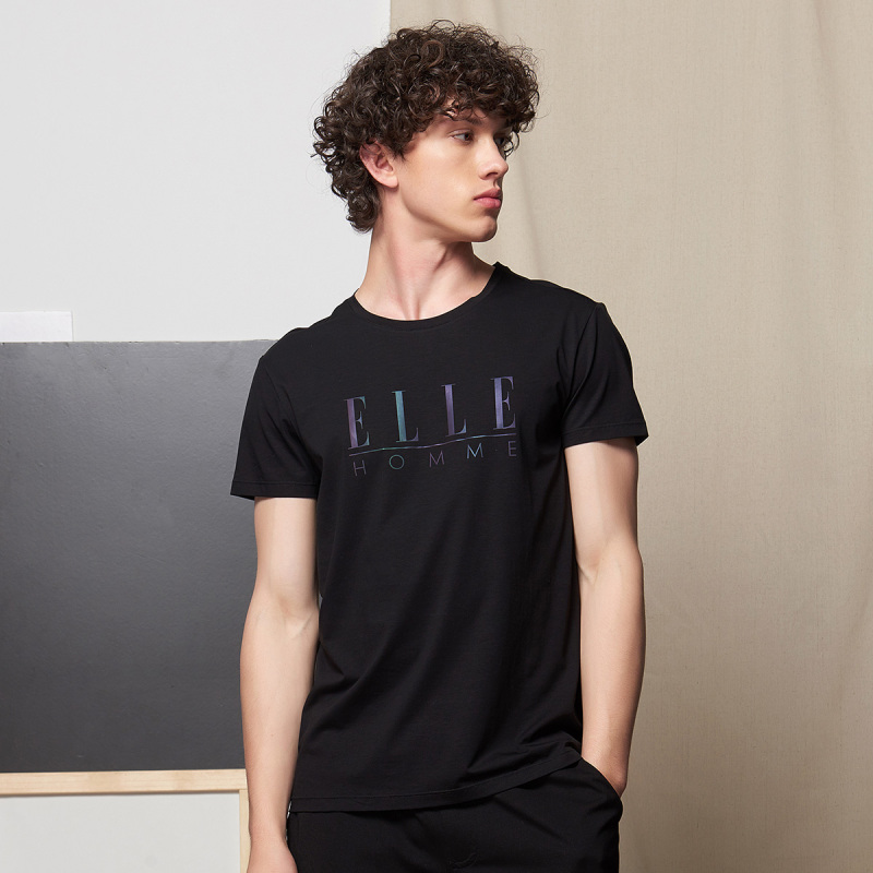 ELLE HOMME棉质圆领字母T恤男士修身短袖简约上衣多色可选