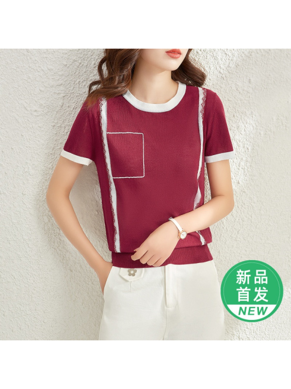 OUNIXUE欧昵雪 | [套头撞色圆领T恤]夏季时尚风花边拼接针织衫宽松短袖女