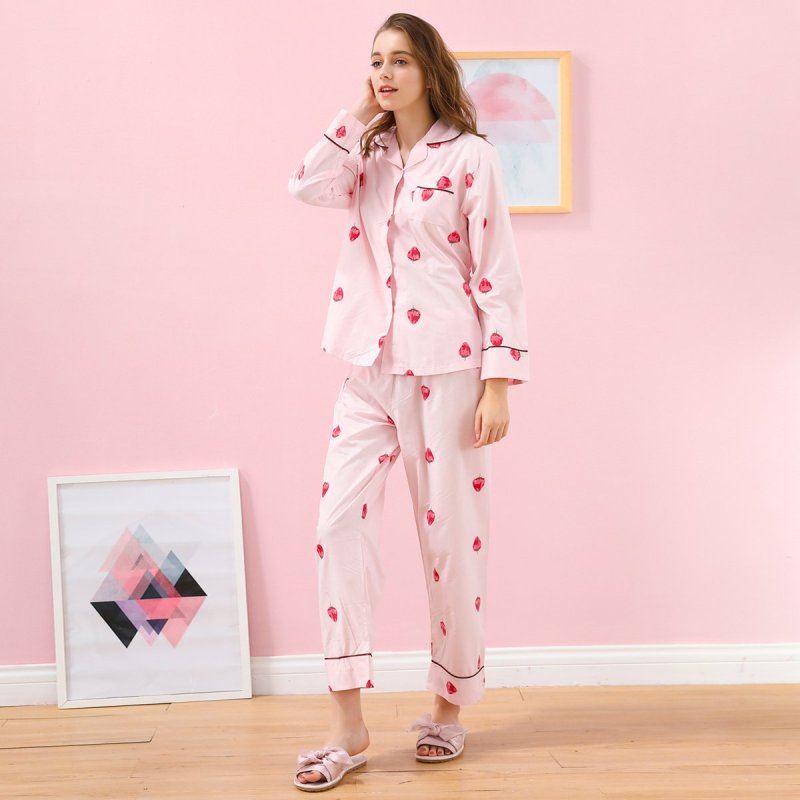 红豆居家hodohome女士家居服纯棉印花睡衣长袖翻领开衫居家服套装