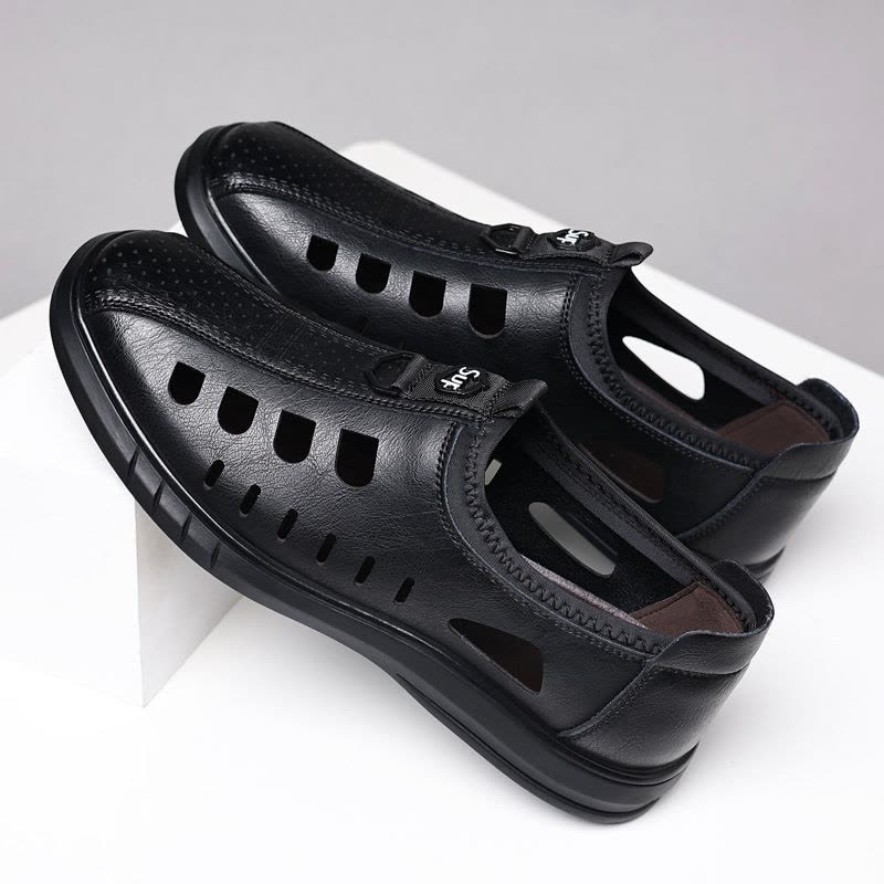 新款男士休闲镂空皮鞋男潮流透气洞洞鞋包头真皮凉鞋中老年爸爸鞋图片