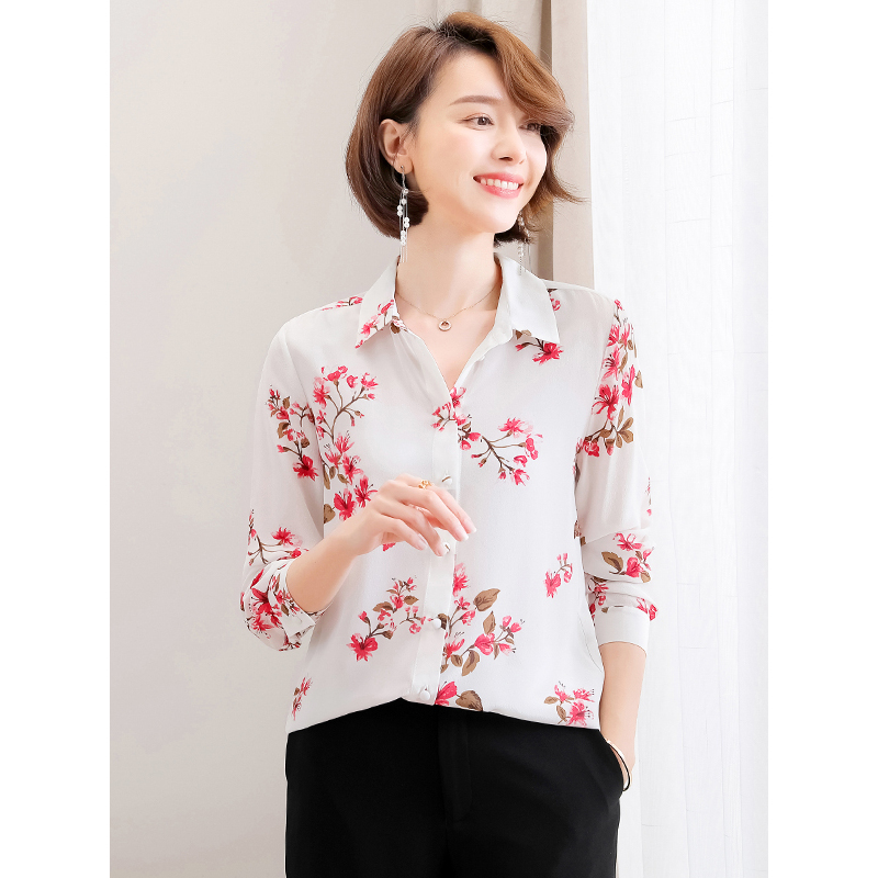 恒源祥女士桑蚕丝衬衫2020夏新款衬衫女桑蚕丝印花长袖衬衣时尚洋气