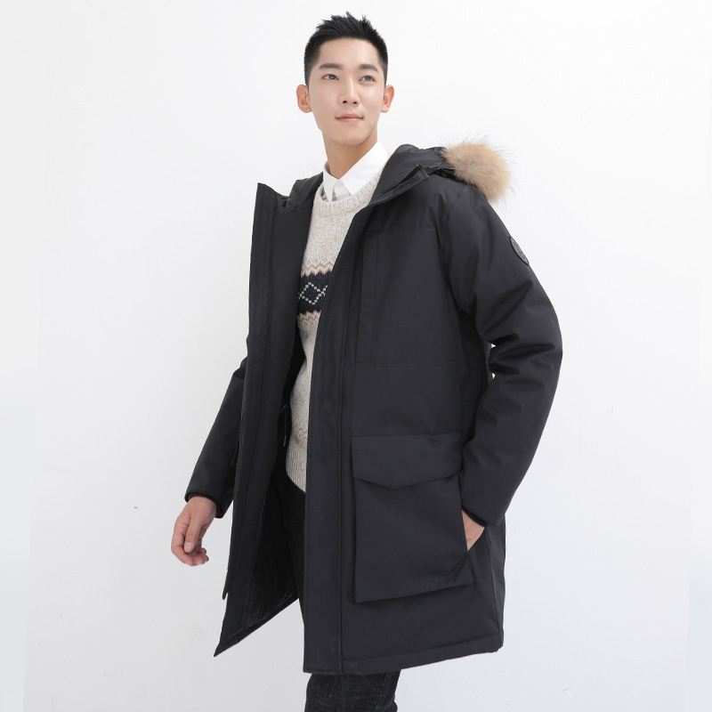 鸭鸭90鸭绒冬季保暖加厚男士羽绒服中长款耐寒韩版连帽休闲大码外套