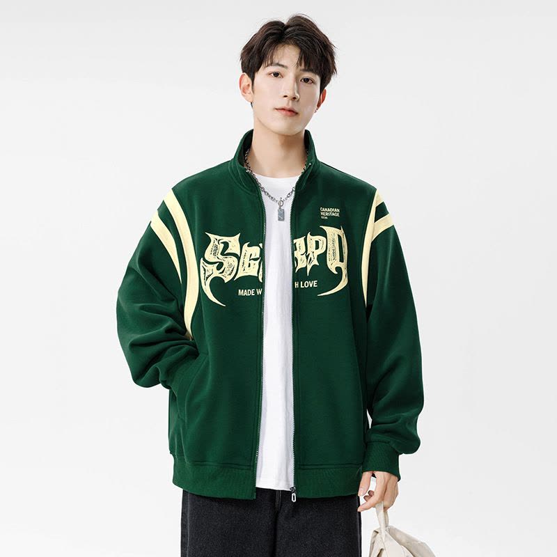 男装秋冬新款开衫卫衣男韩版潮流字母印花外套宽松立领拉链上衣服图片