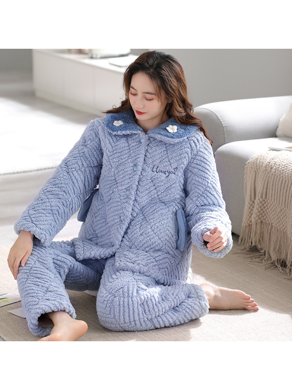 女士三层加厚珊瑚绒夹棉睡衣秋冬季法兰牛奶绒保暖棉袄家居服套装