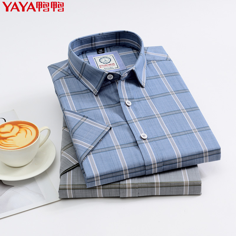 鸭鸭(yaya)时尚休闲舒适衬衫修身格子短袖春夏装衬衫DYB57M0240