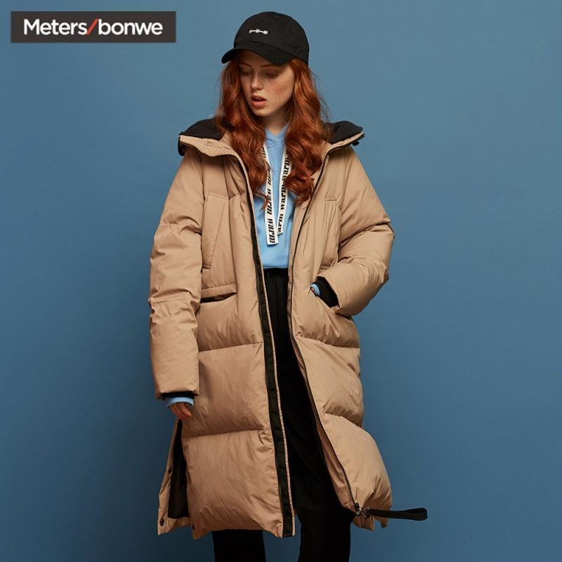 美特斯邦威羽绒服女冬季时尚休闲可脱卸针织帽长款羽绒服738762