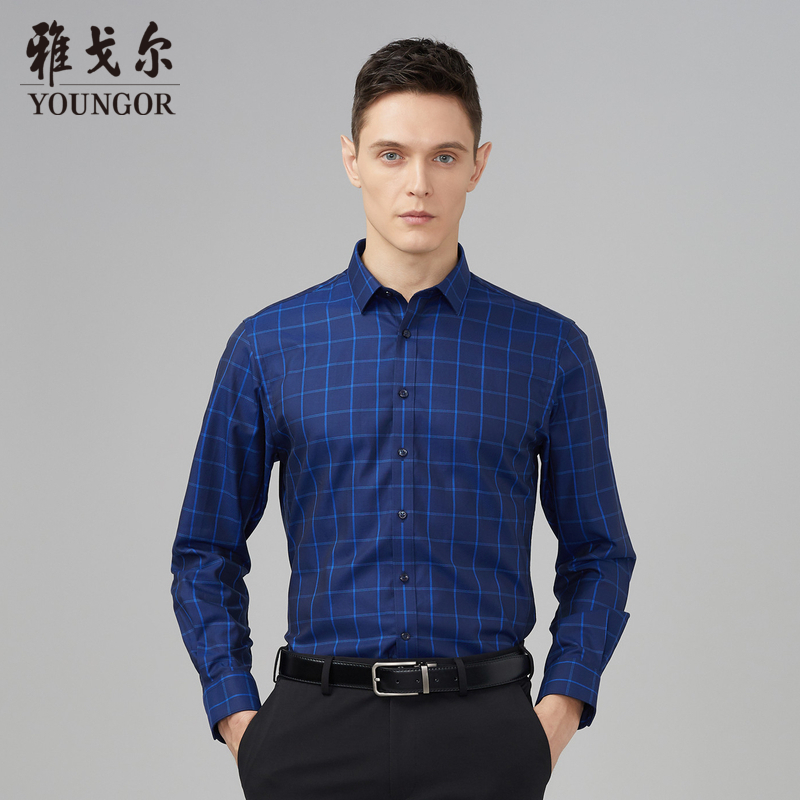 Youngor/雅戈尔秋冬新品男士商务正装纯棉蓝色修身长袖衬衫300FFY