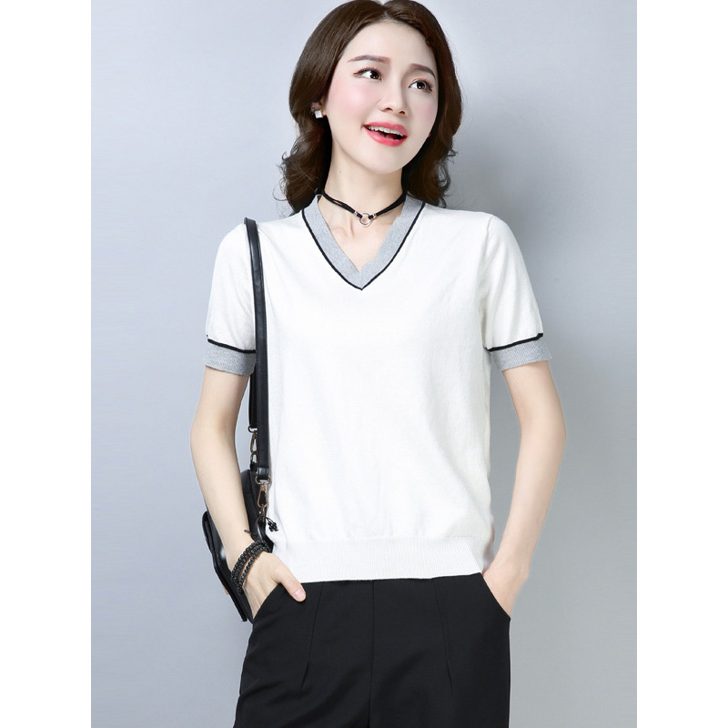 丝柏舍2019夏季女V领短袖修身防晒空调针织衫S82U0016Z