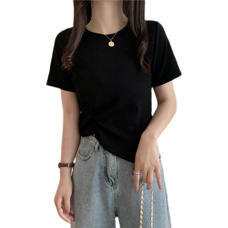 设计感不规则下摆短袖T恤女夏短款打底衫女休闲纯色上衣女装图片