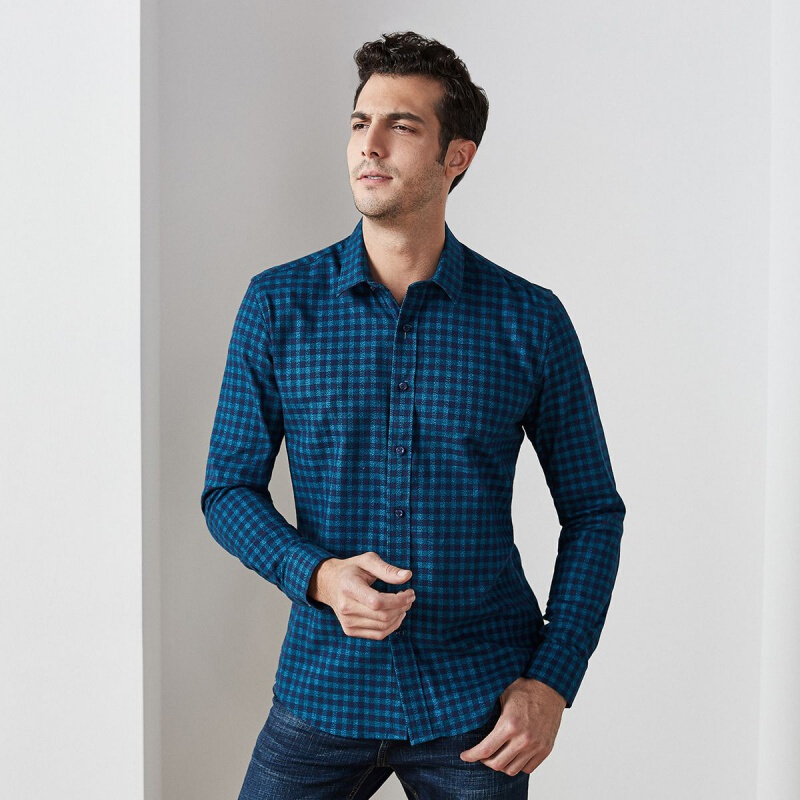 杉杉纯棉细格纹尖领磨毛商务休闲男士衬衣男式长袖衬衫
