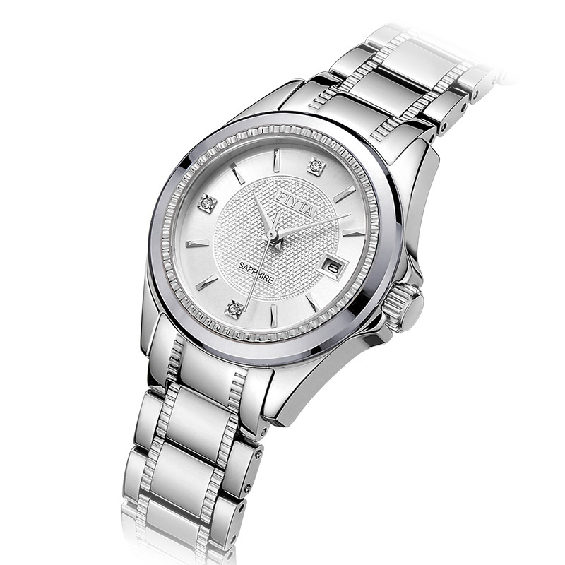 飞亚达fiyta手表钨钢表圈宝石镶嵌日历显示透视底机械女表lj096www