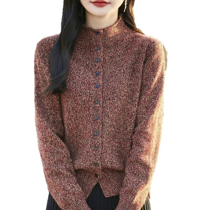加厚花纱立领针织开衫女士彩点纱一线成衣叠穿亲肤绒毛衣外套新款