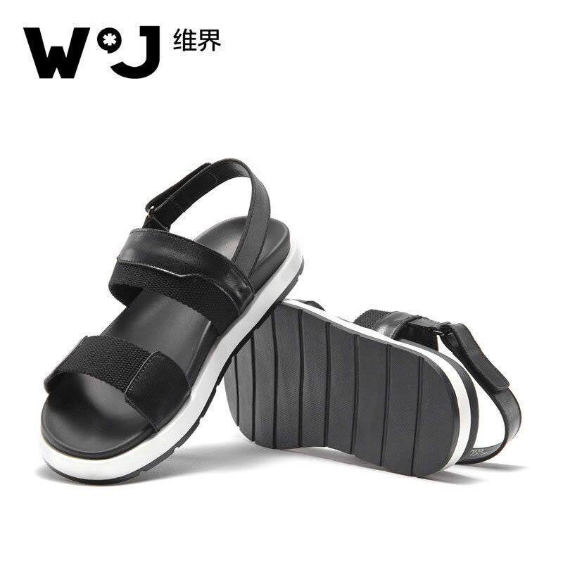 维界WATCHJADY 凉鞋2017新款沙滩鞋牛皮休闲皮凉鞋 黑色 42图片