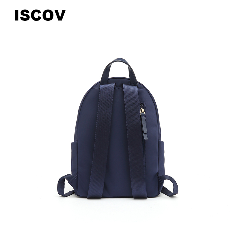 ISCOV时尚双肩包女春夏尼龙拼皮亮钻绒球中号背包