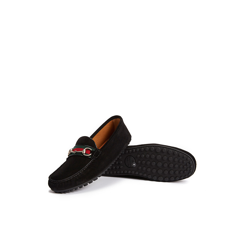 Gucci/古驰 饰条纹织带和马衔扣皮革驾车鞋 黑色 450892