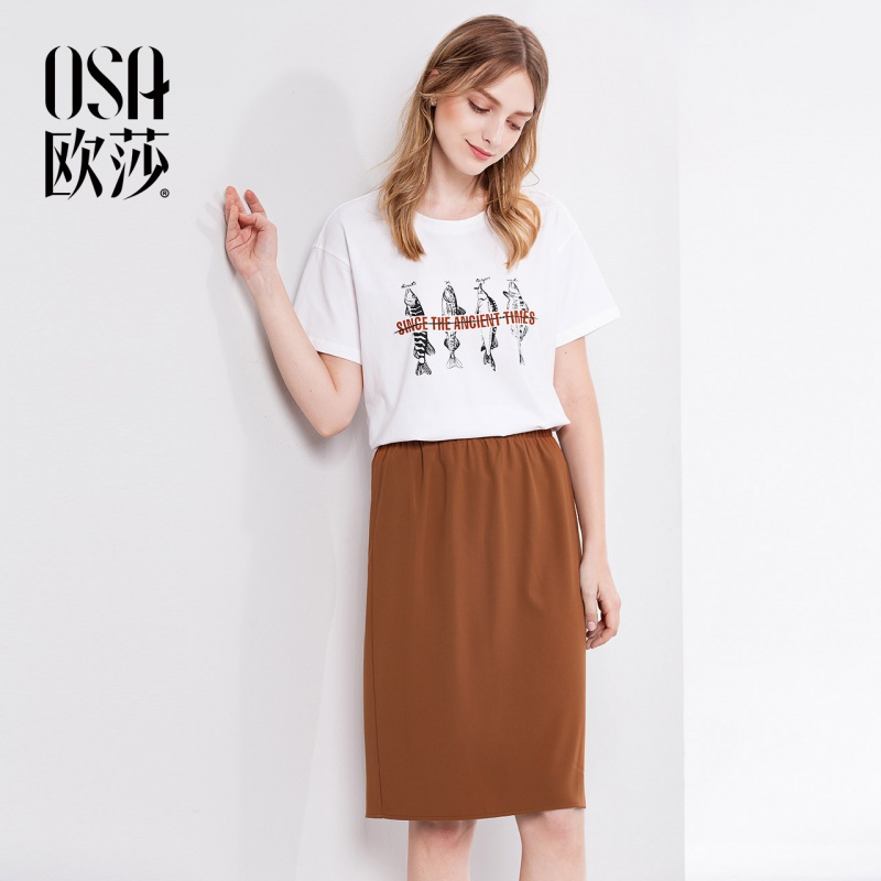 OSA欧莎2018夏季印花T恤开叉短裙两件套套装裙子女