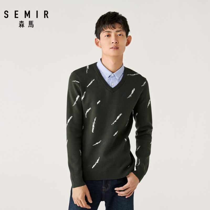 Semir森马毛衣男2019冬季潮流V领撞色长袖毛衫假两件青少年针织衫