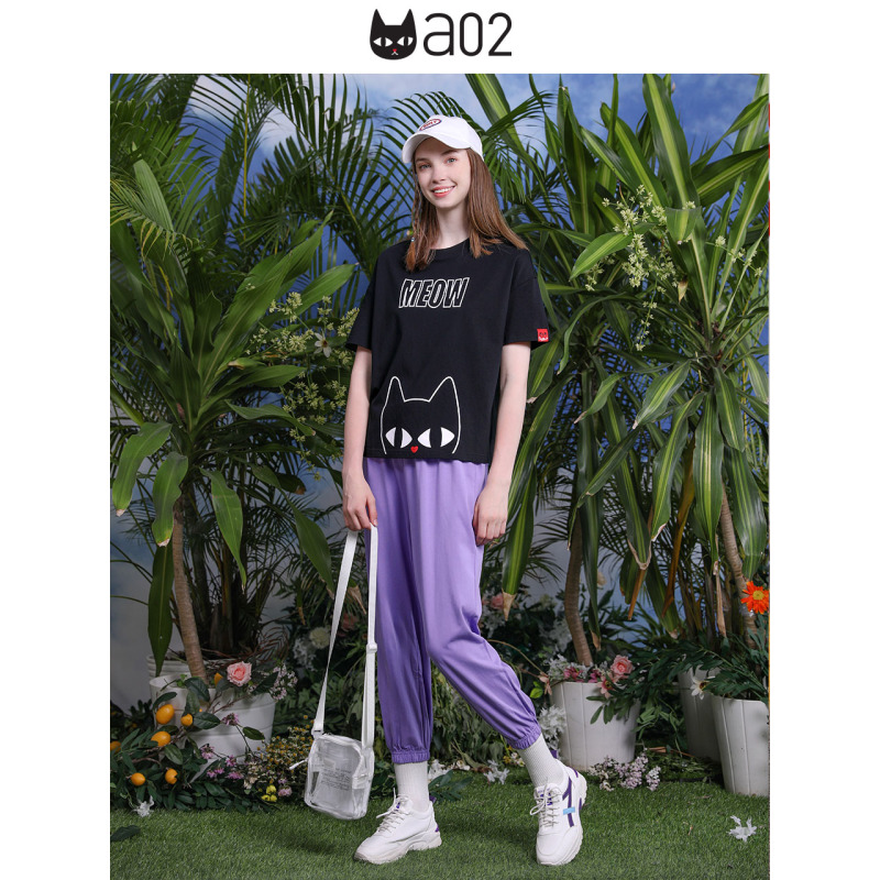 a02新款2020潮流小黑卡通字母印花圆领短袖T恤女DTV2D1311KT