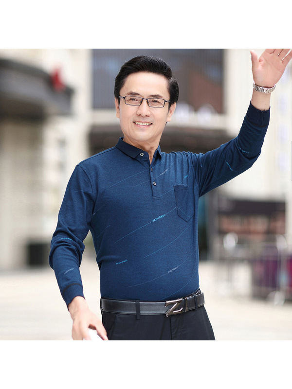 真口袋商务休闲宽松版秋季爸爸装长袖简约斜纹T恤男中年polo衫