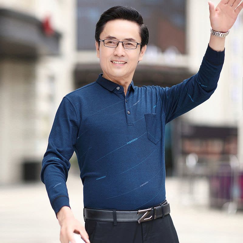 真口袋商务休闲宽松版秋季爸爸装长袖简约斜纹T恤男中年polo衫图片