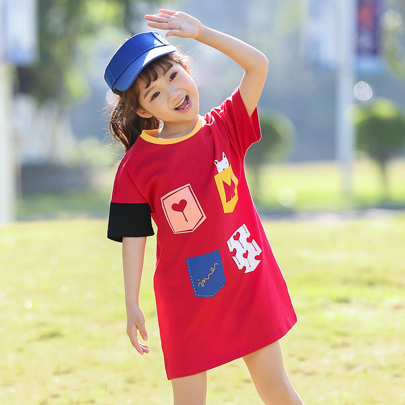 茵曼童装2019夏季中大童女短袖棉质T恤儿童洋气长款T恤裙子潮