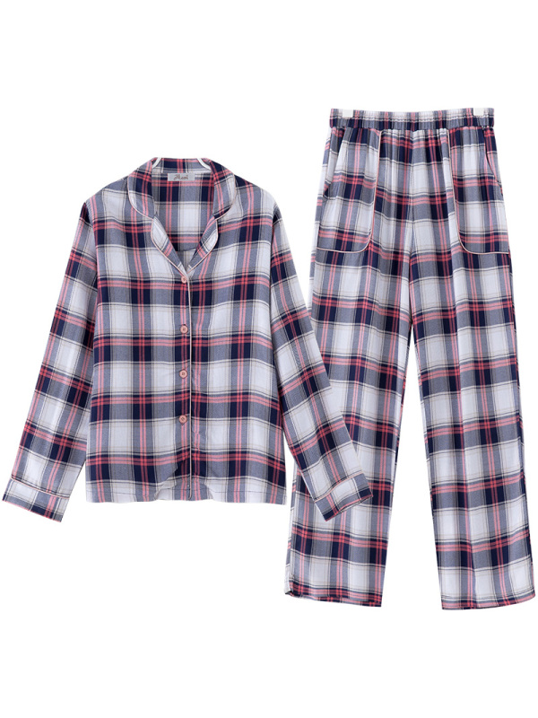 顶瓜瓜睡衣女春夏秋起居服2019新品薄款长袖翻领家居服格子居家服