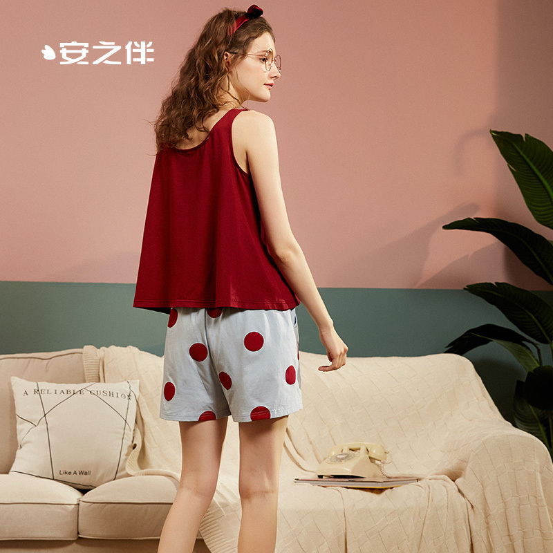 安之伴睡衣女夏冰爽棉素色背心套装