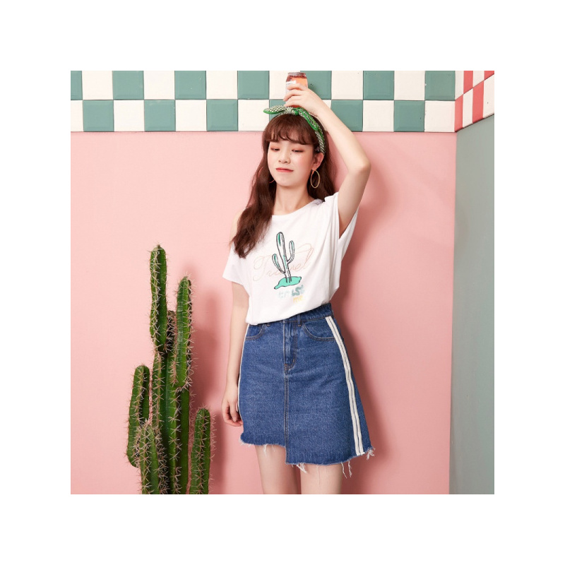 【专柜同款】拉夏贝尔夏新款韩版甜美印花休闲显瘦百搭圆领露肩短袖70010907 本白 S