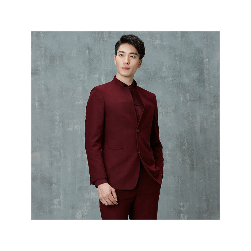才子男装西服套装男秋季中式领修身婚庆礼服休闲西服套装男大红色