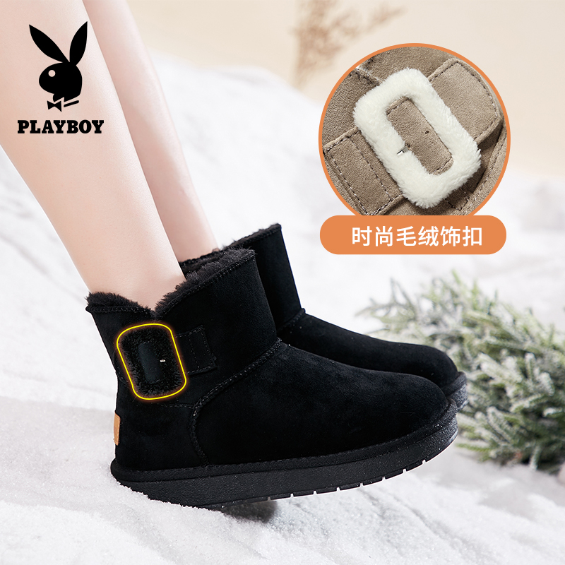 PLAYBOY/花花公子女鞋秋冬季新款甜美塔扣纯色学生棉鞋平底保暖加绒短筒雪地靴女J12699249
