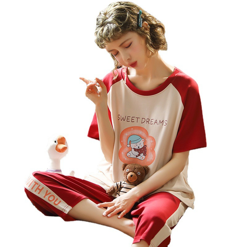 [定制]睡衣女夏季纯棉2025年新款七分裤春短袖家居服套装薄款