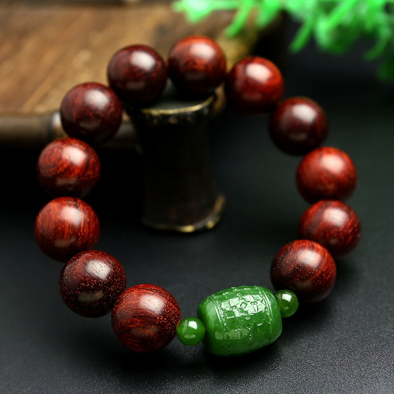 高密小叶紫檀佛珠手串男款高油爆满金星手链和田玉碧玉圆珠配饰礼物