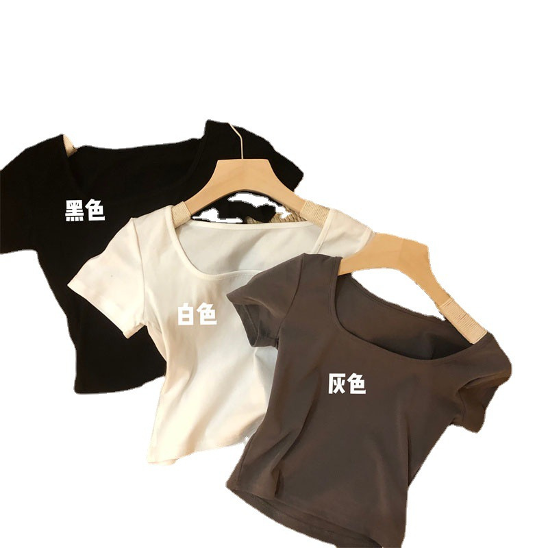 夏装韩版新款U领短款女士学生短袖T恤女女装上衣