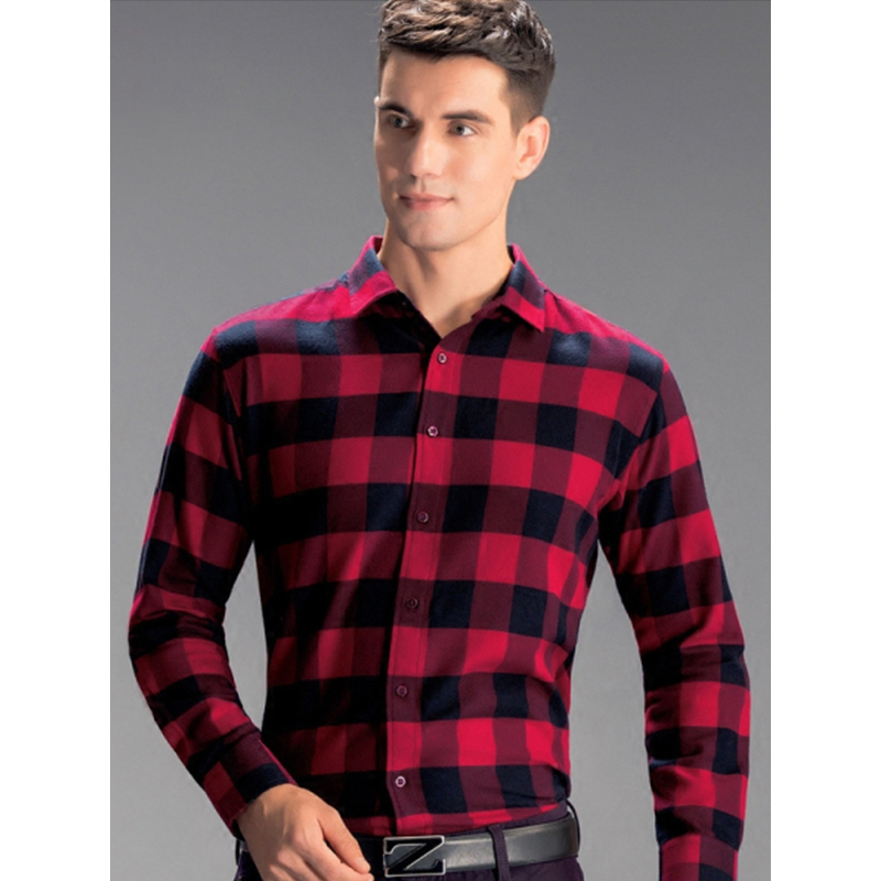 传奇保罗红黑格子衬衫男长袖修身韩版时尚潮流纯棉男士休闲衬衣