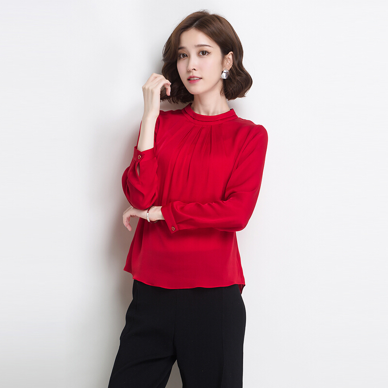 金菊女装春夏季新款真丝衬衫女士圆领长袖桑蚕丝上衣女宽松显瘦真丝
