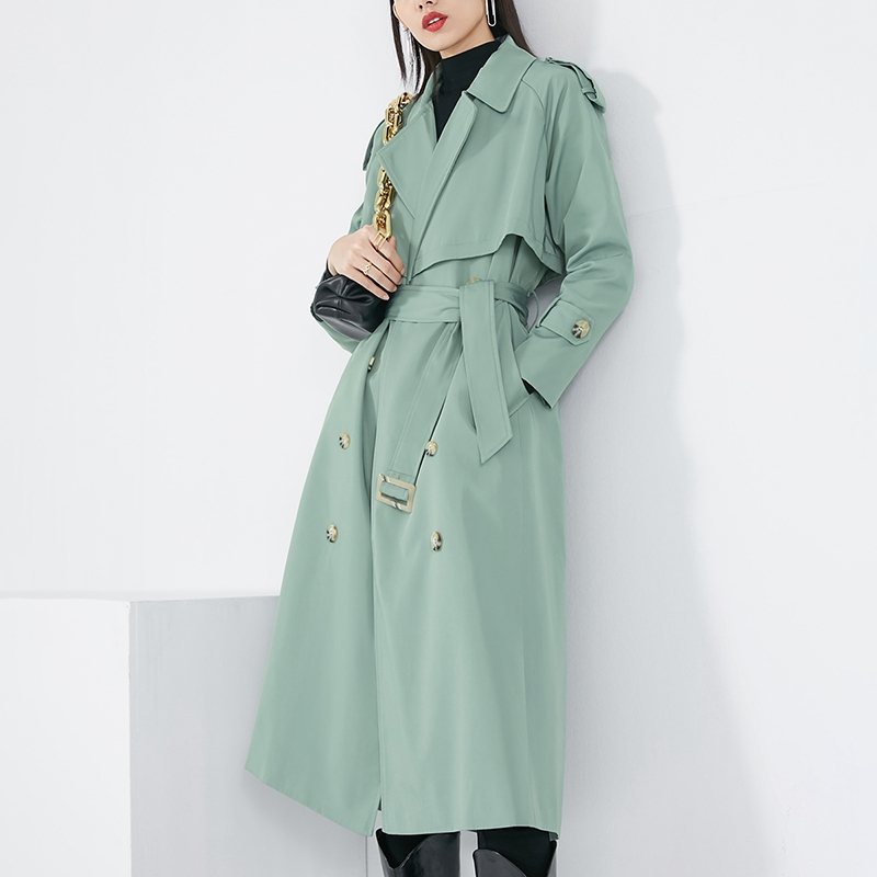 晚白2021春季新品时尚纯色百搭翻领长袖修身显瘦长款风衣外套女