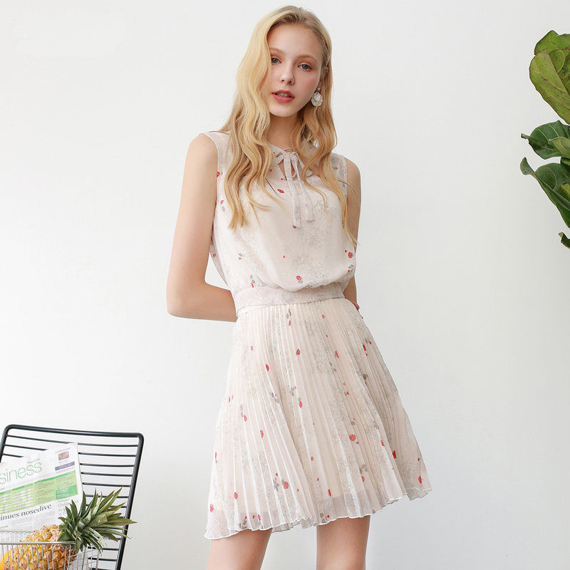 拉夏贝尔lababite夏装连衣裙印花雪纺百褶连衣裙清新时尚休闲品质套装