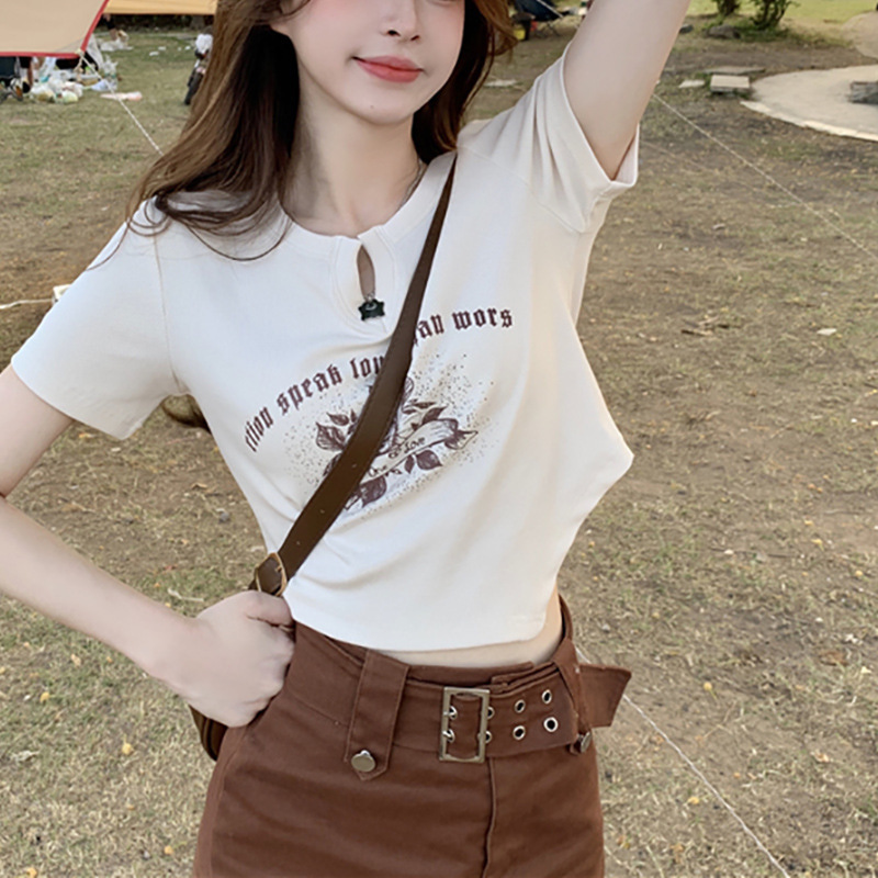 短款不规则设计感V领短袖T恤女短款上衣网红炸街修身褶皱上衣ins