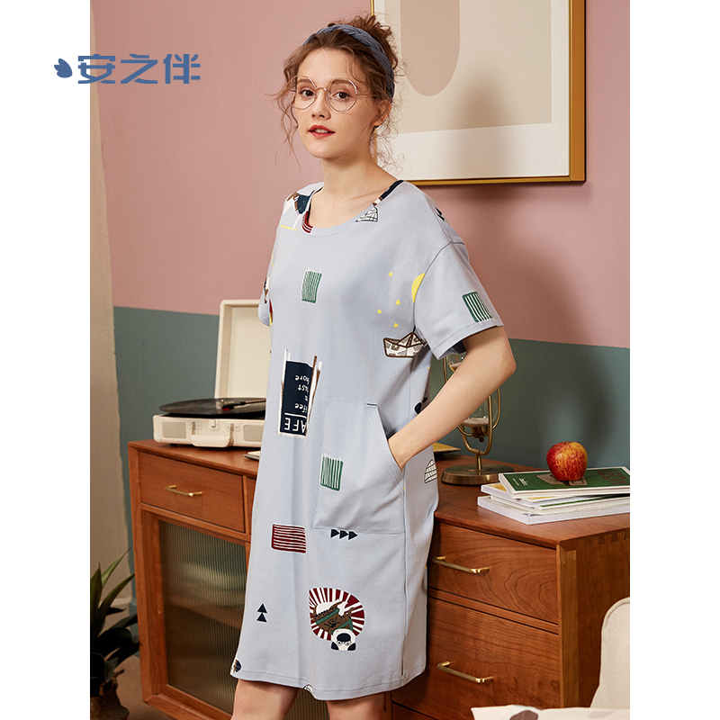 安之伴睡裙女夏冰瓷棉印花短袖女裙