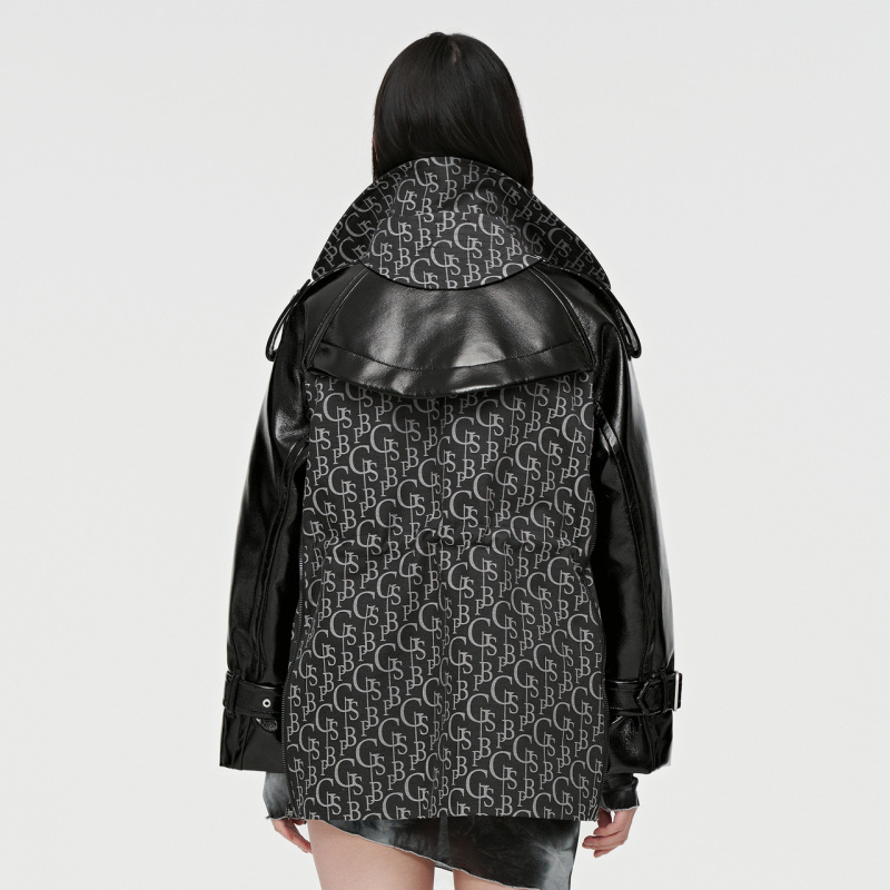 波司登女鹅绒羽绒服设计师时尚廓形环保皮革拼接风衣领抽绳x显瘦