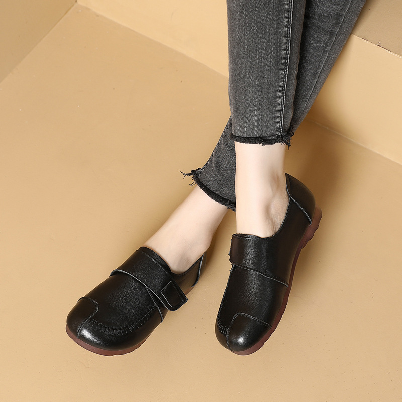 brookings大码头层牛皮魔术贴中口平底乐福鞋一脚蹬妈妈鞋大码工