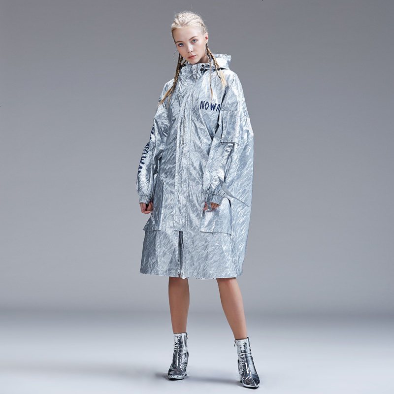 guuka欧美嘻哈外套女薄款港风街头舞台演出服反光镭射中长款风衣