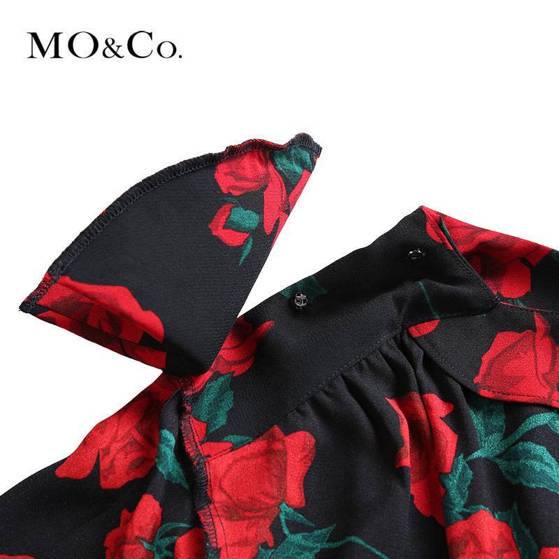 MOCO2018秋季圆领玫瑰花垫肩连衣裙 摩安珂图片