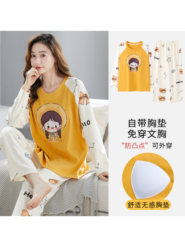 带胸垫长袖睡衣女士秋冬季棉质韩版宽松加大码休闲卡通家居服套装