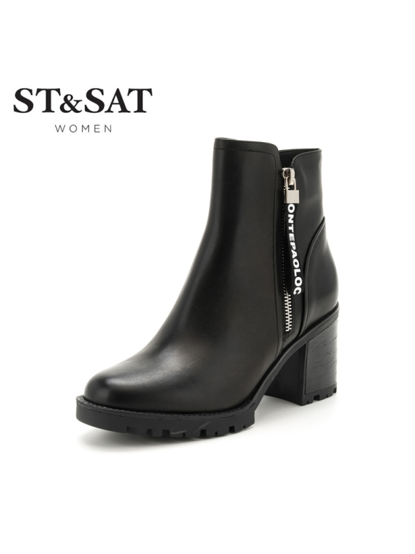 St&Sat/星期六冬季牛皮革圆头粗跟短靴女靴子SS74116541