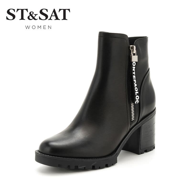 St&Sat/星期六冬季牛皮革圆头粗跟短靴女靴子SS74116541图片